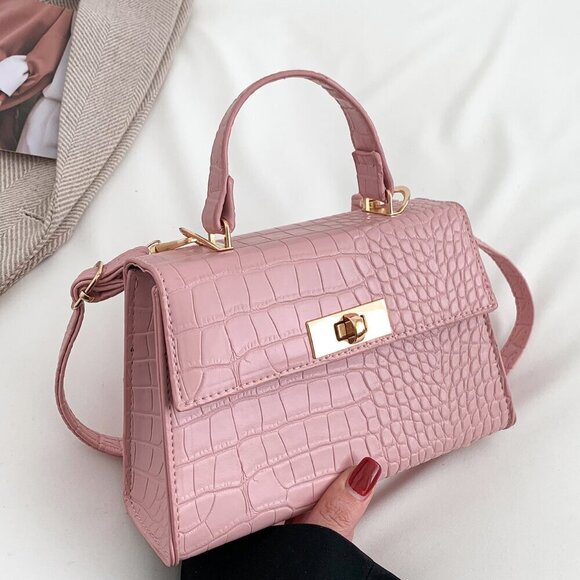 Pink Elegant Women's Mini Crocodile Embossed Twist Lock Flap Square Handbag - Picture 4 of 8